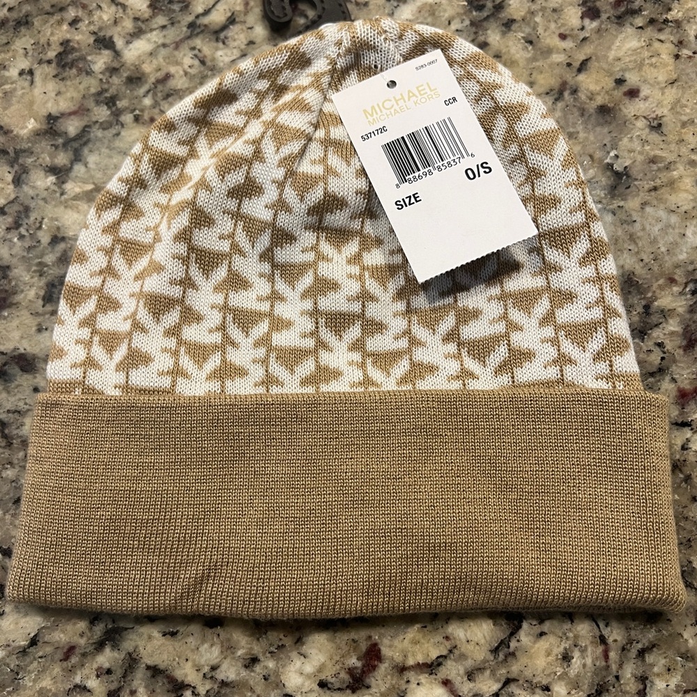 Michael Kors Beige and White Knit Beanie